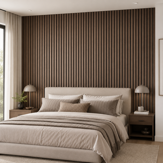 Smoked Oak Acoustic Wall Panel installed as a living room feature wall, demonstrating the warm smoked-oak tone against interior décor.