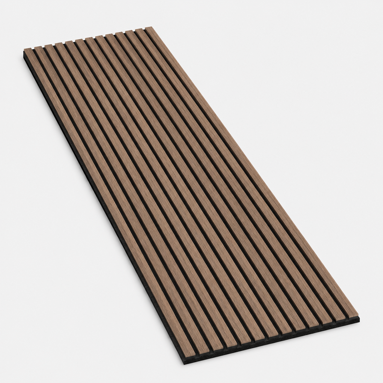 Smoked Oak Acoustic Wall Panel shown in a home office or studio setting, illustrating its acoustic and aesthetic qualities on camera.