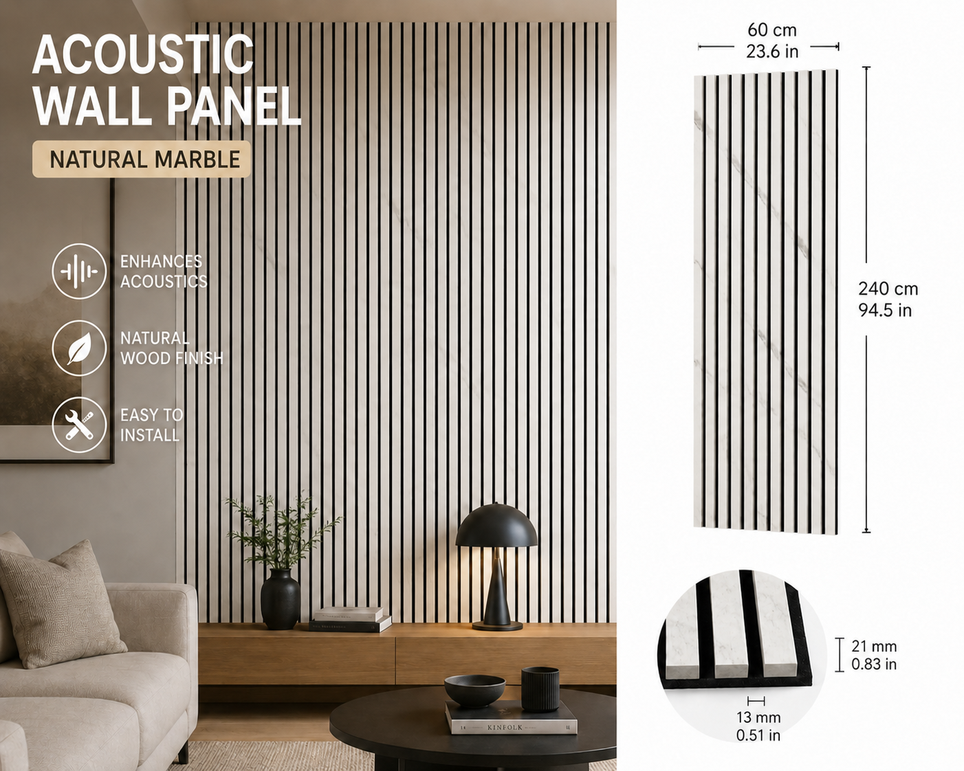 White Marble effect acoustic slat wall panel - main product image