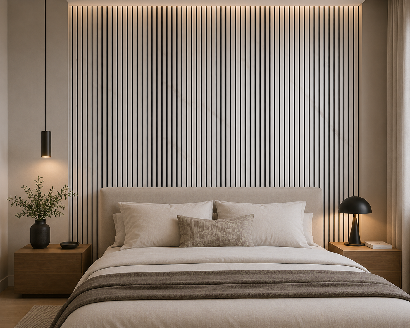 White Marble effect acoustic slat wall panel in a bedroom
