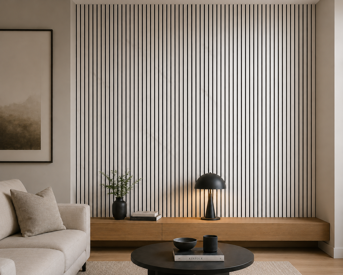 White Marble effect acoustic slat wall panel on a living room feature wall