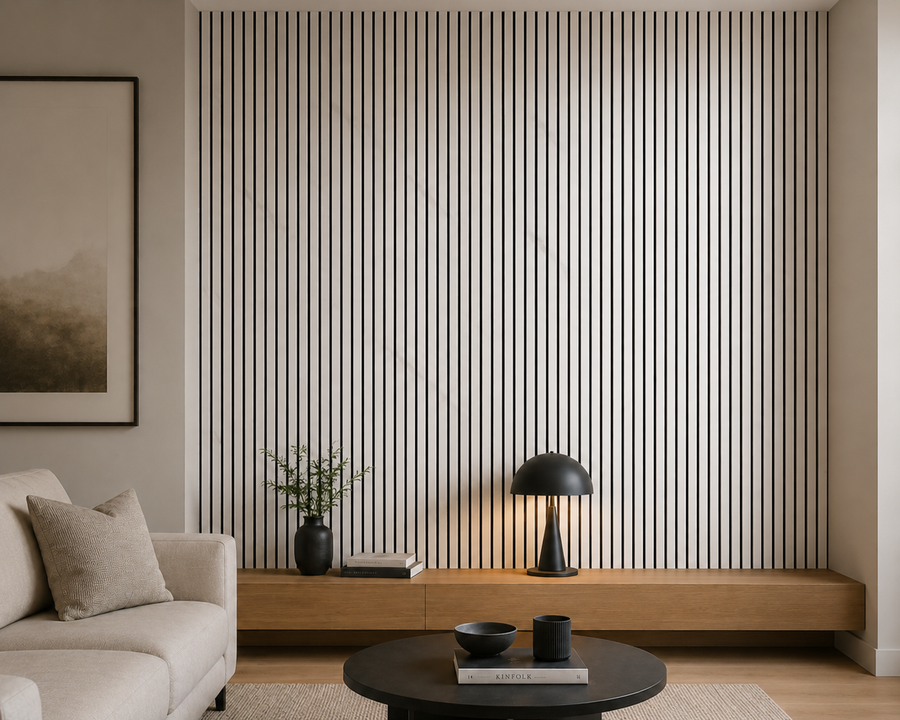 White marble effect feature wall in a luxury bedroom