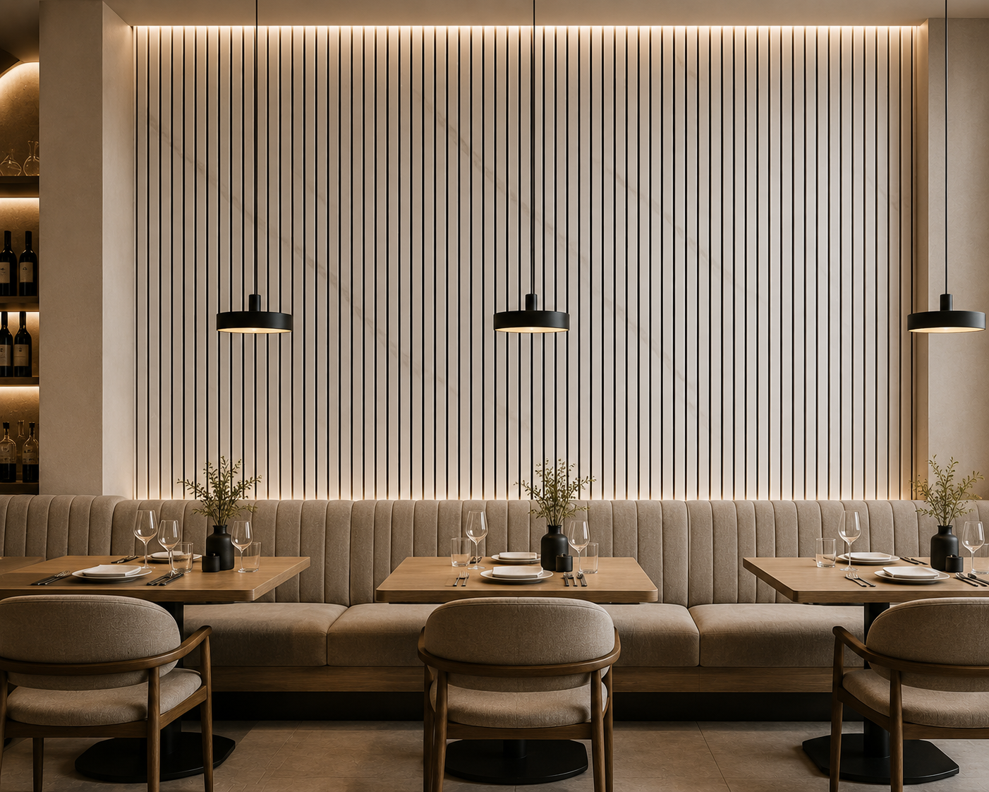 White Marble effect acoustic slat wall panel in a restaurant interior