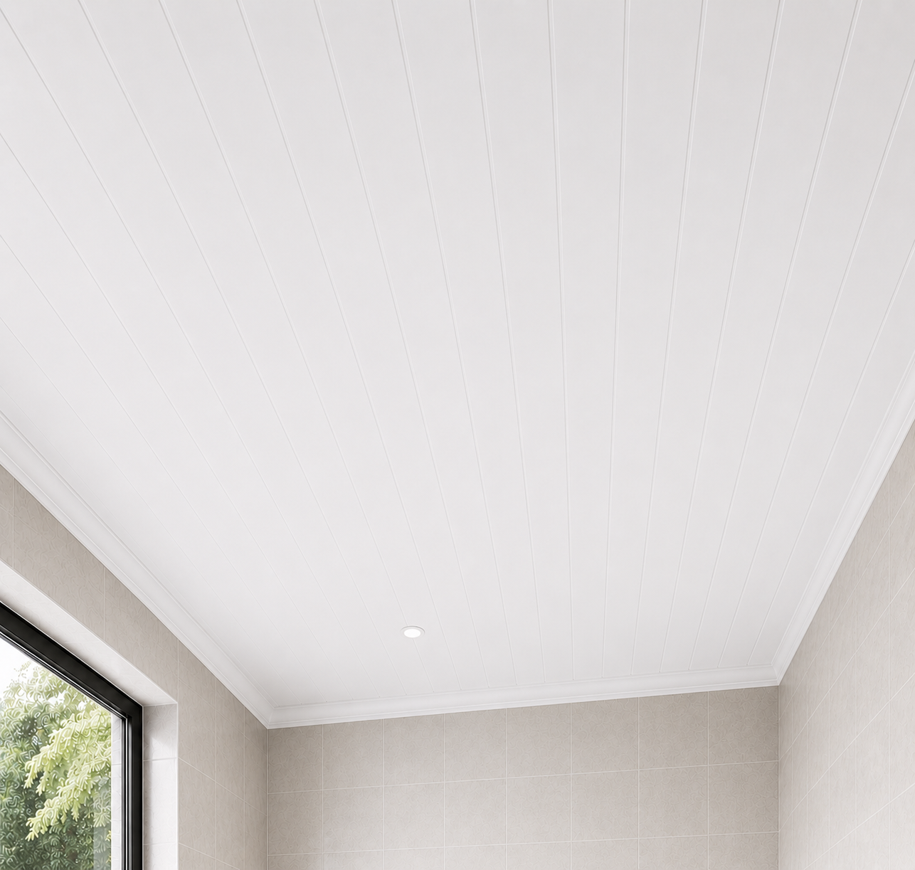 White PVC ceiling panel installed in a bathroom