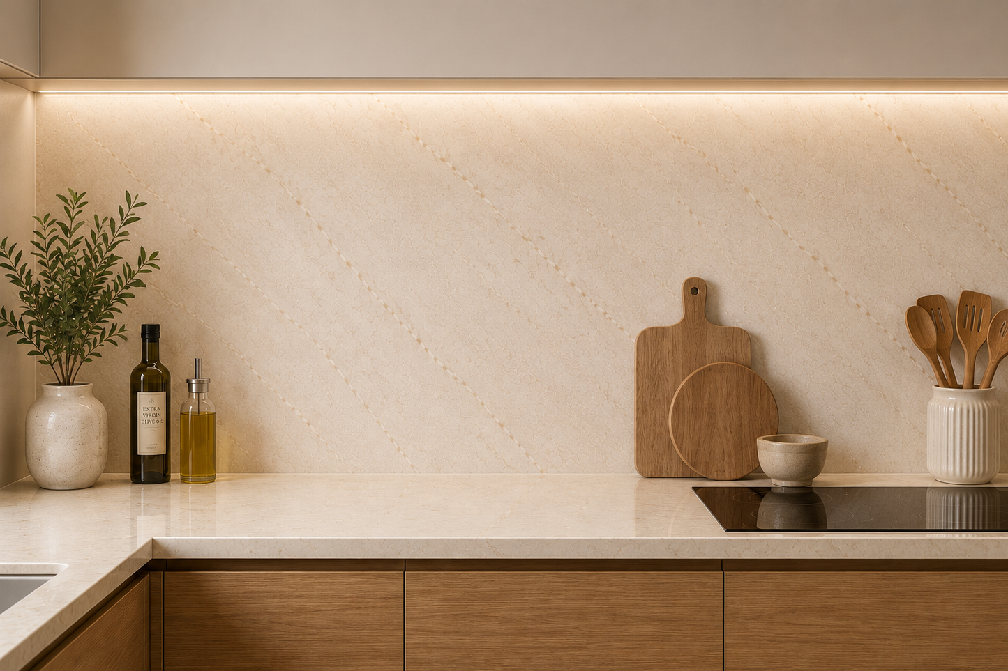 10mm Beige Marble PVC wall panel as a kitchen splashback