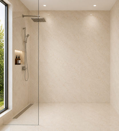 10mm Beige Marble PVC wall panel in a shower