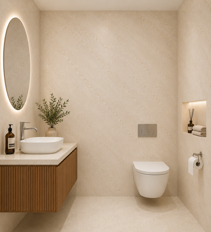 10mm Beige Marble PVC wall panel in a bathroom toilet area