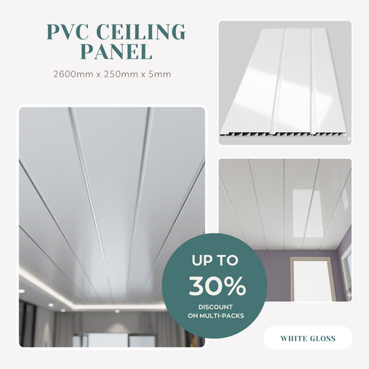 PVC Wall Ceiling Panel Gloss White V Groove 2600mm x 250mm x 8mm
