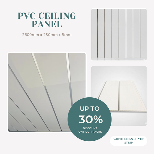 PVC Wall Ceiling Panel Gloss White V Groove Silver Strip 2600mm x 250mm x 8mm