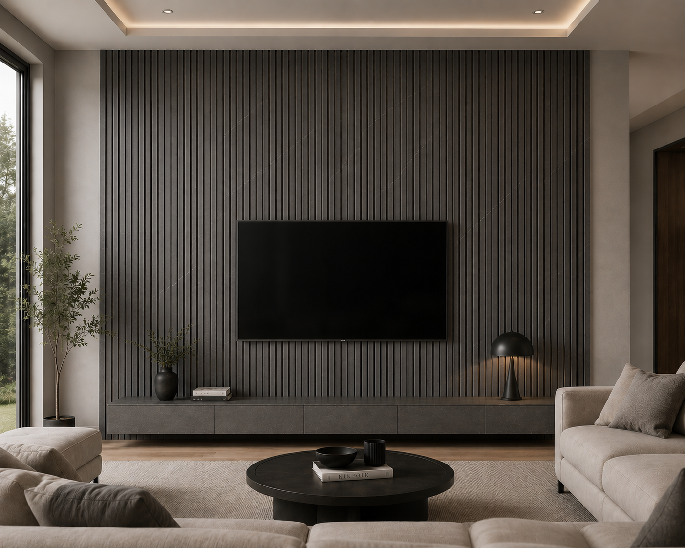 Grey Marble effect acoustic slat wall panel on a living room feature wall