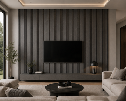Grey Marble effect acoustic slat wall panel on a living room feature wall