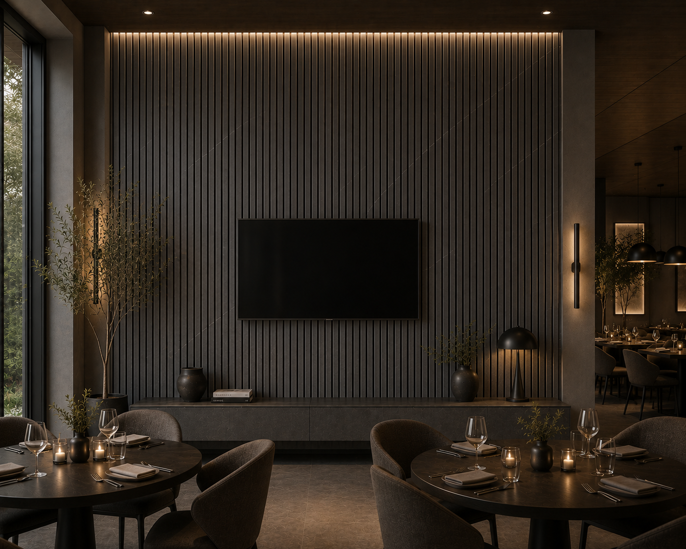 Grey Marble effect acoustic slat wall panel in a restaurant interior