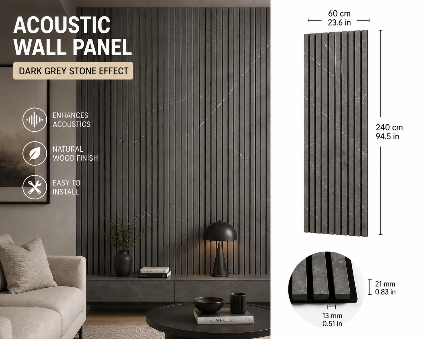 Grey Marble effect acoustic slat wall panel - main product image