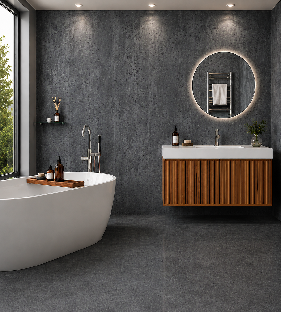 10mm Dark Concrete Grey PVC wall panel in a bathroom