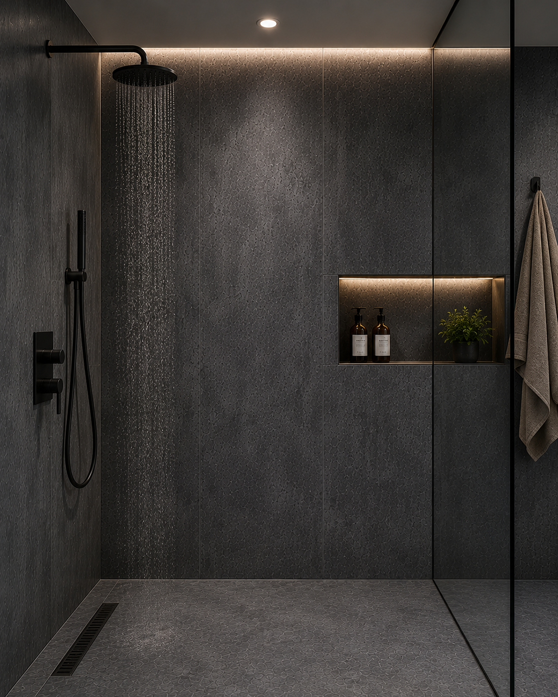 10mm Dark Concrete Grey PVC wall panel in a shower