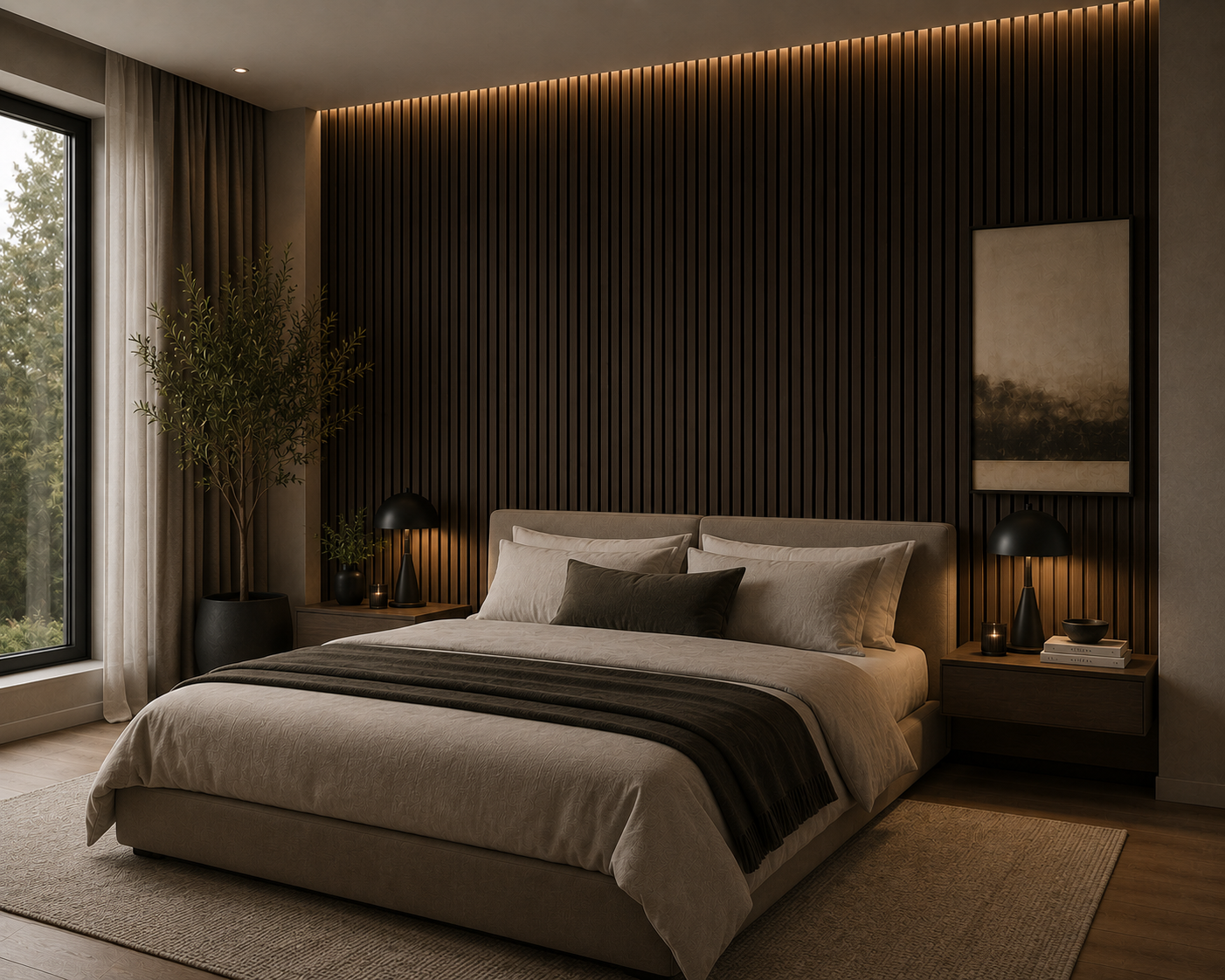 Dark Smoke Oak acoustic wall panels in a bedroom