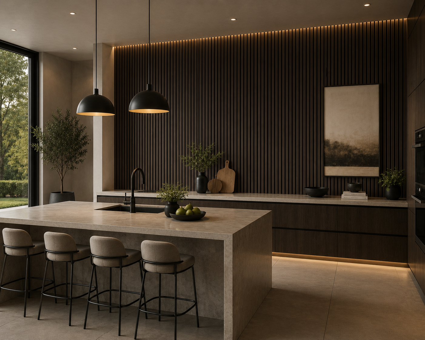 Dark Smoke Oak acoustic wall panels in a kitchen
