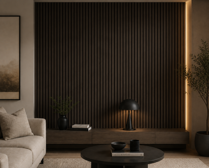 Dark Smoke Oak acoustic wall panels on a living room feature wall