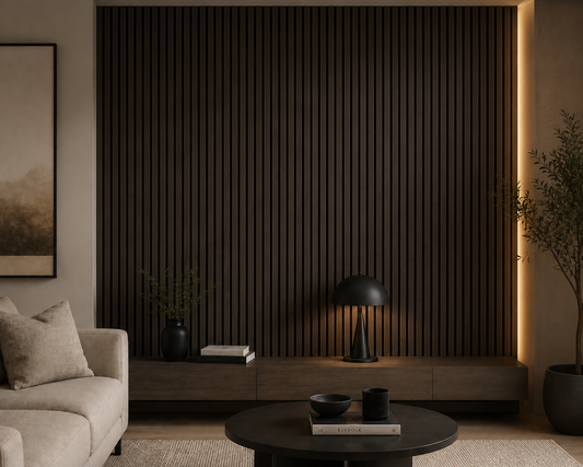 Dark Smoke Oak acoustic wall panels on a living room feature wall