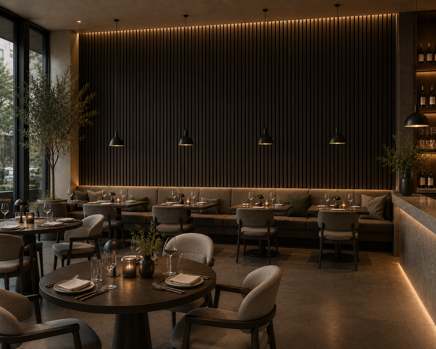 Dark Smoke Oak acoustic wall panels in a restaurant interior