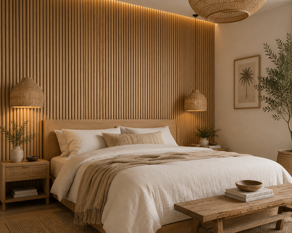 Half Round Natural Oak acoustic wall panel in a bedroom