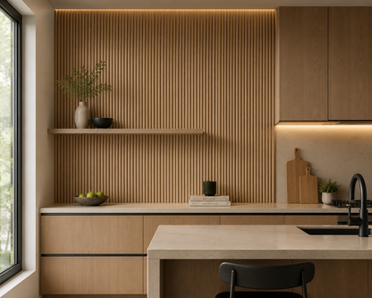 Half Round Natural Oak acoustic wall panel in a kitchen