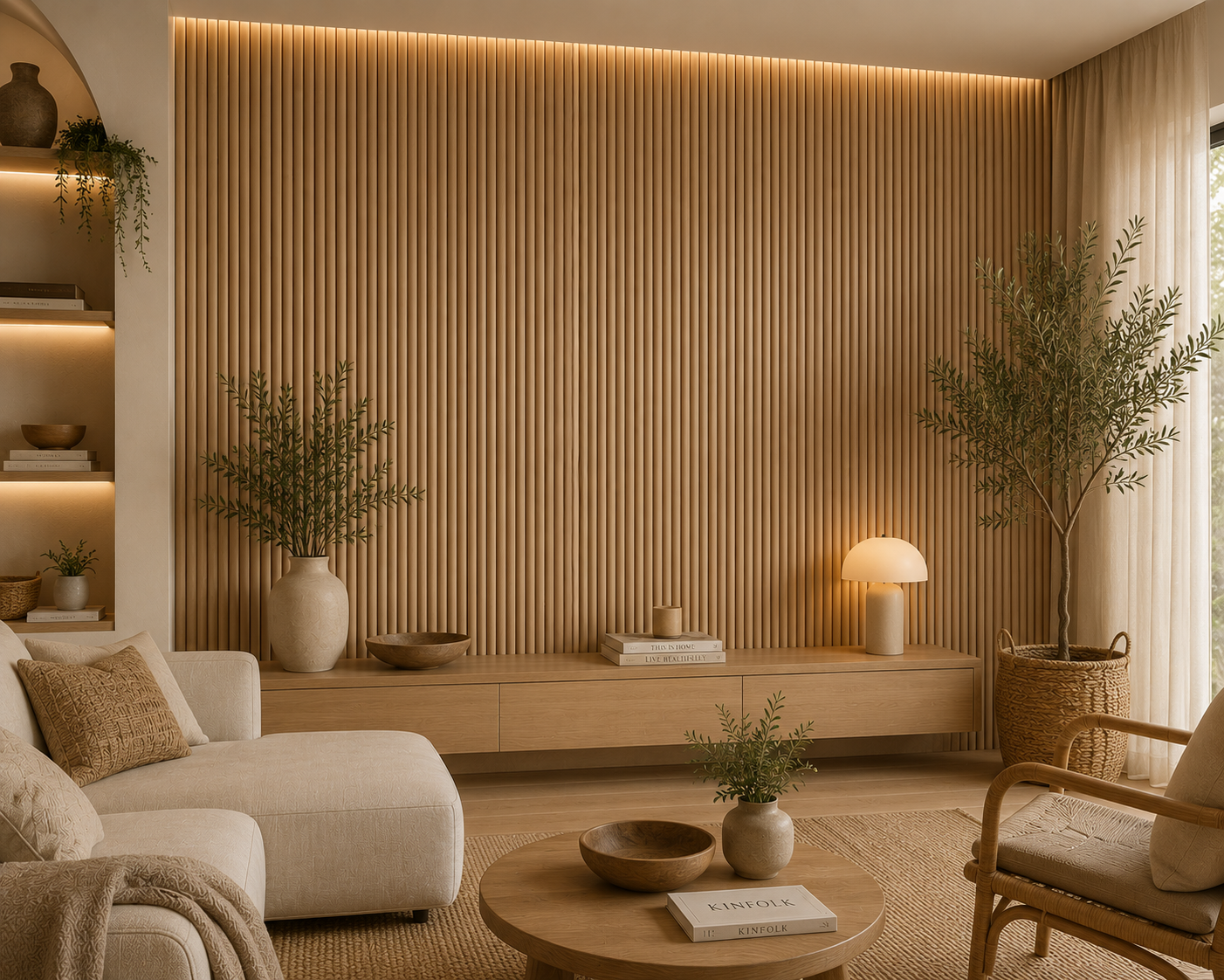 Half Round Natural Oak acoustic wall panel on a living room feature wall