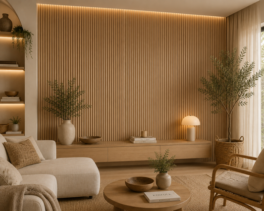 Half Round Natural Oak acoustic wall panel on a living room feature wall