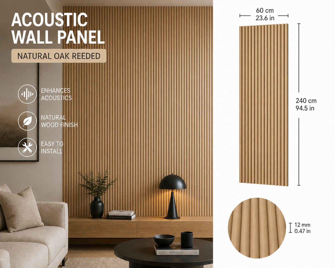 Half Round Natural Oak acoustic wall panel - main product image