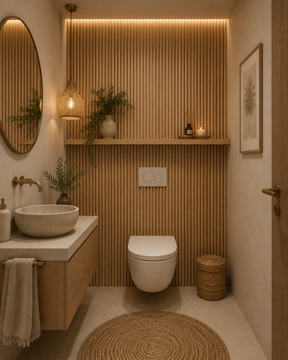 Half Round Natural Oak acoustic wall panel in a bathroom