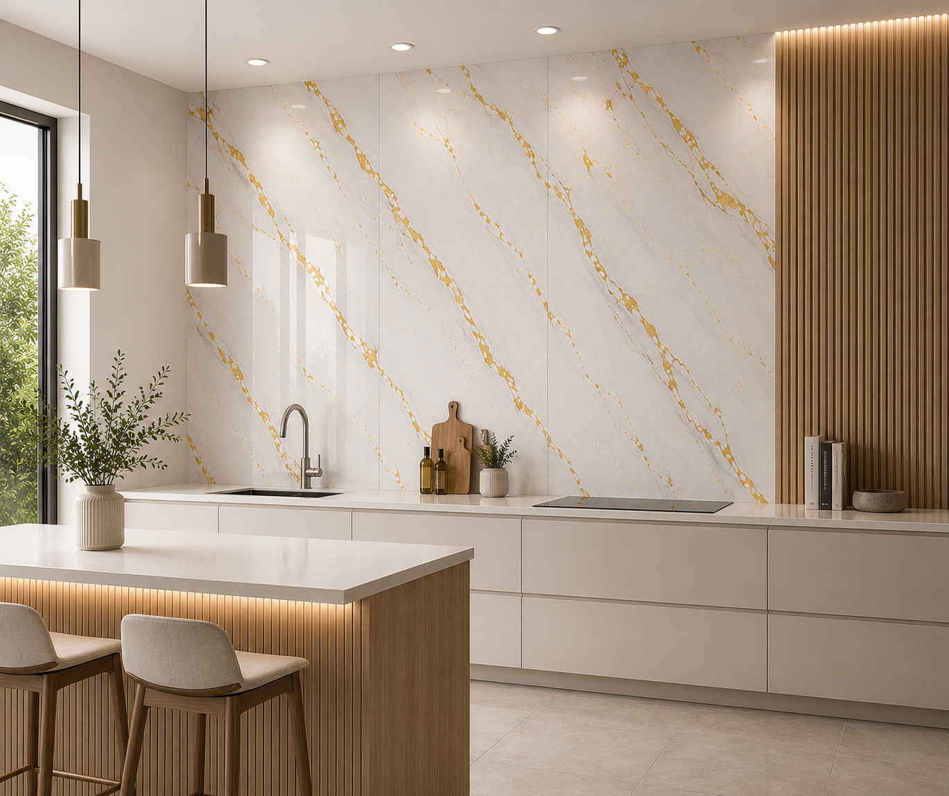 10mm Gold Marble PVC wall panel in a kitchen