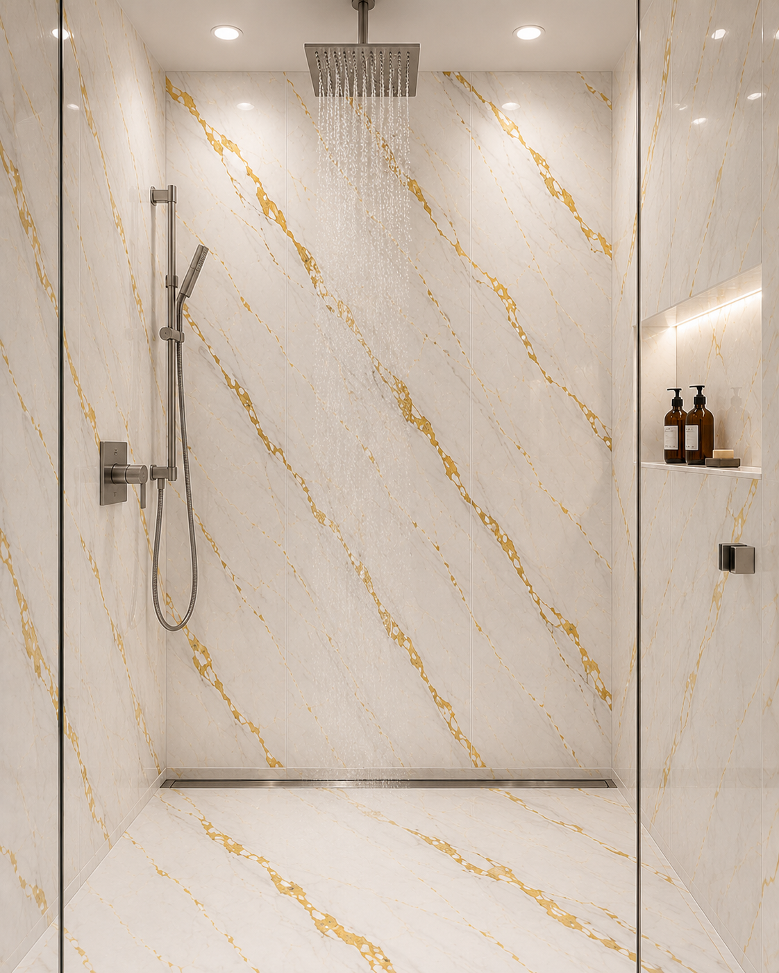 10mm Gold Marble PVC wall panel in a shower
