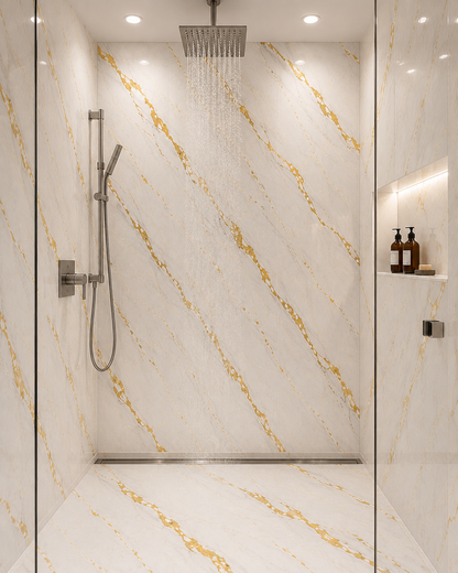 10mm Gold Marble PVC wall panel in a shower
