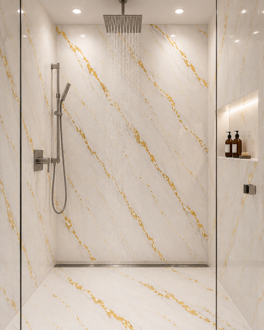 10mm Gold Marble PVC wall panel in a shower