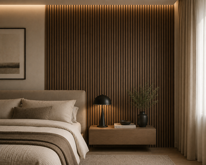 Smoked Oak acoustic wall panels in a bedroom