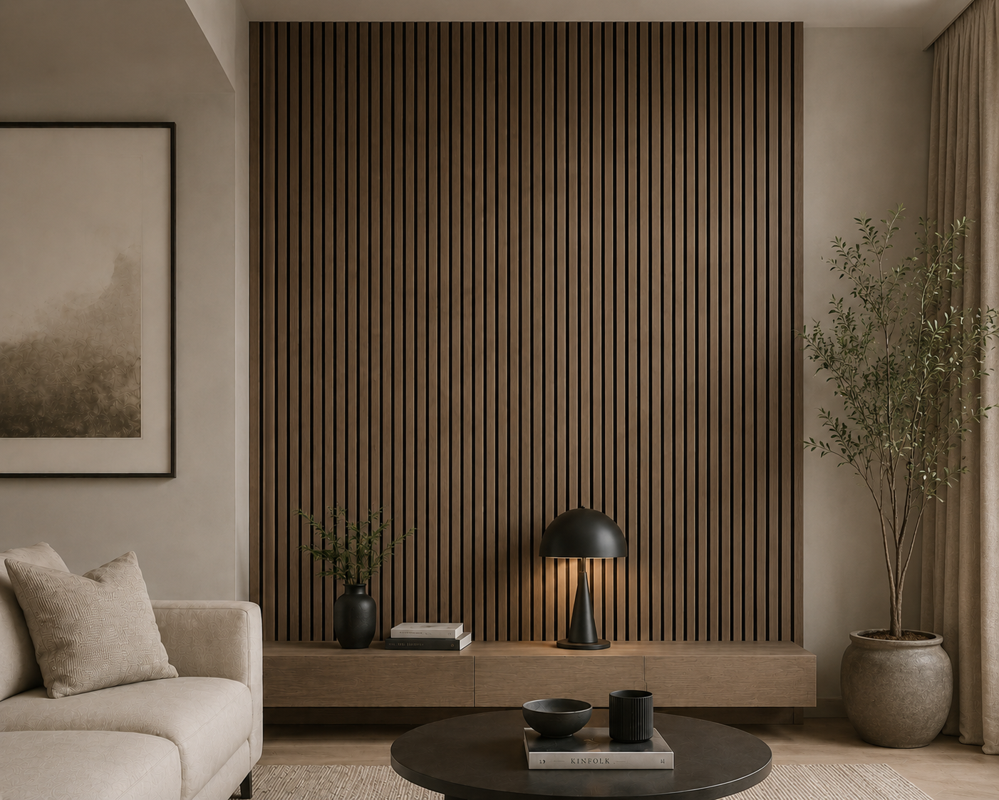 Smoked Oak acoustic wall panels on a living room feature wall