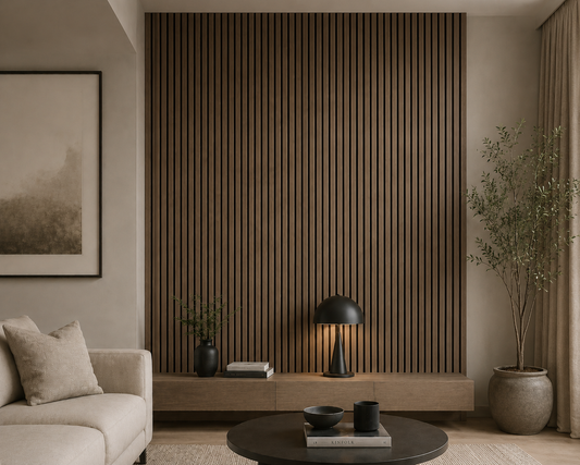 Smoked Oak acoustic wall panels on a living room feature wall