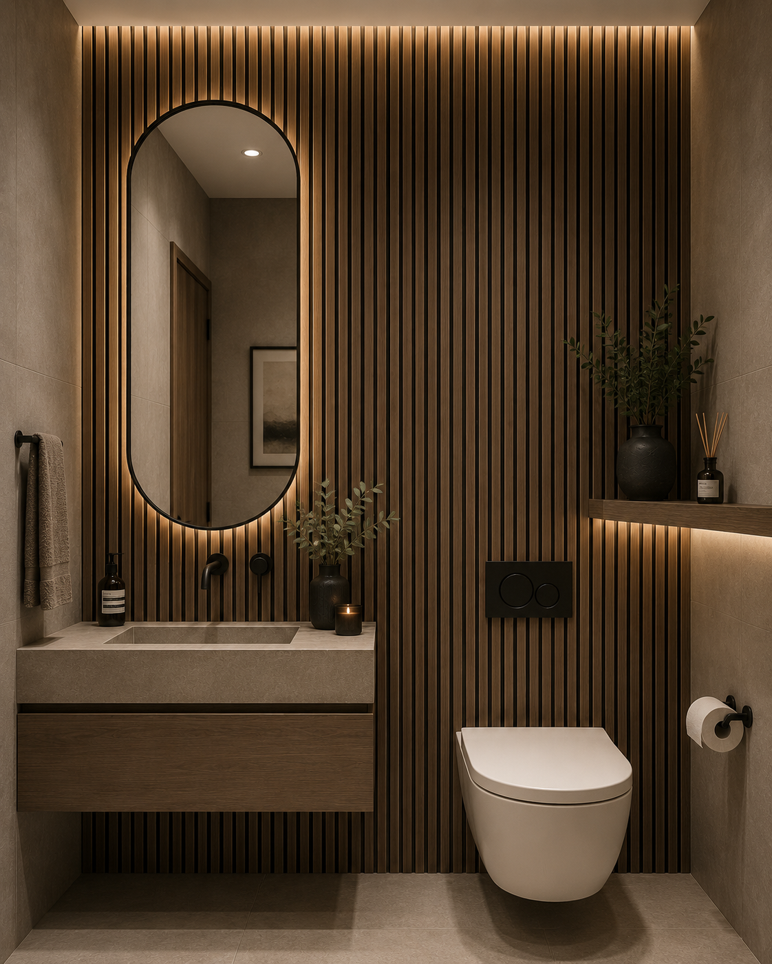 Smoked Oak acoustic wall panels in a bathroom