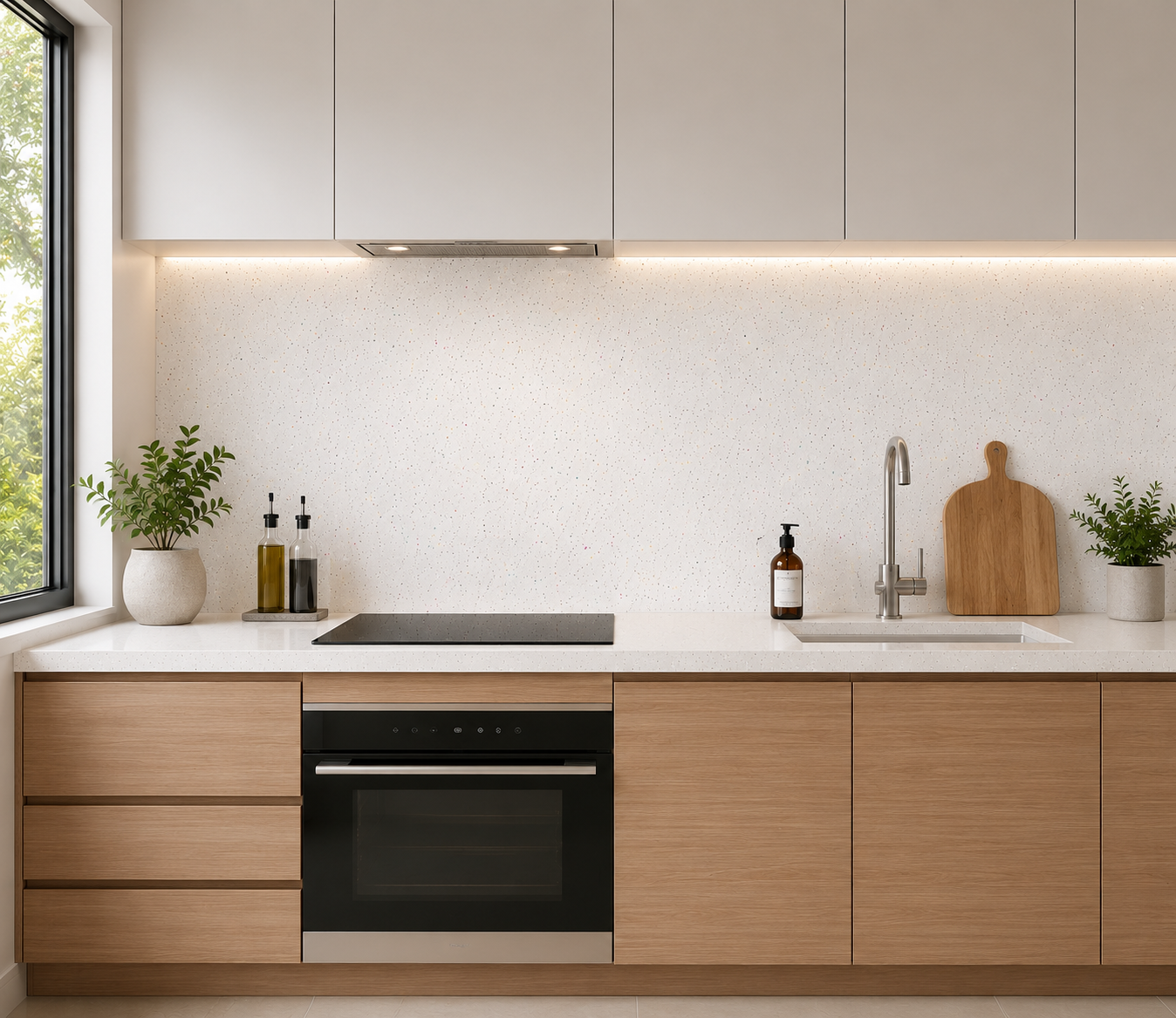 10mm White Sparkle PVC wall panel as a kitchen splashback