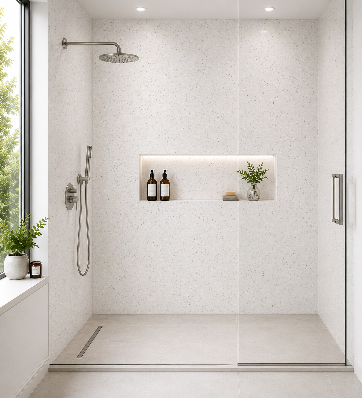 10mm White Sparkle PVC wall panel in a shower