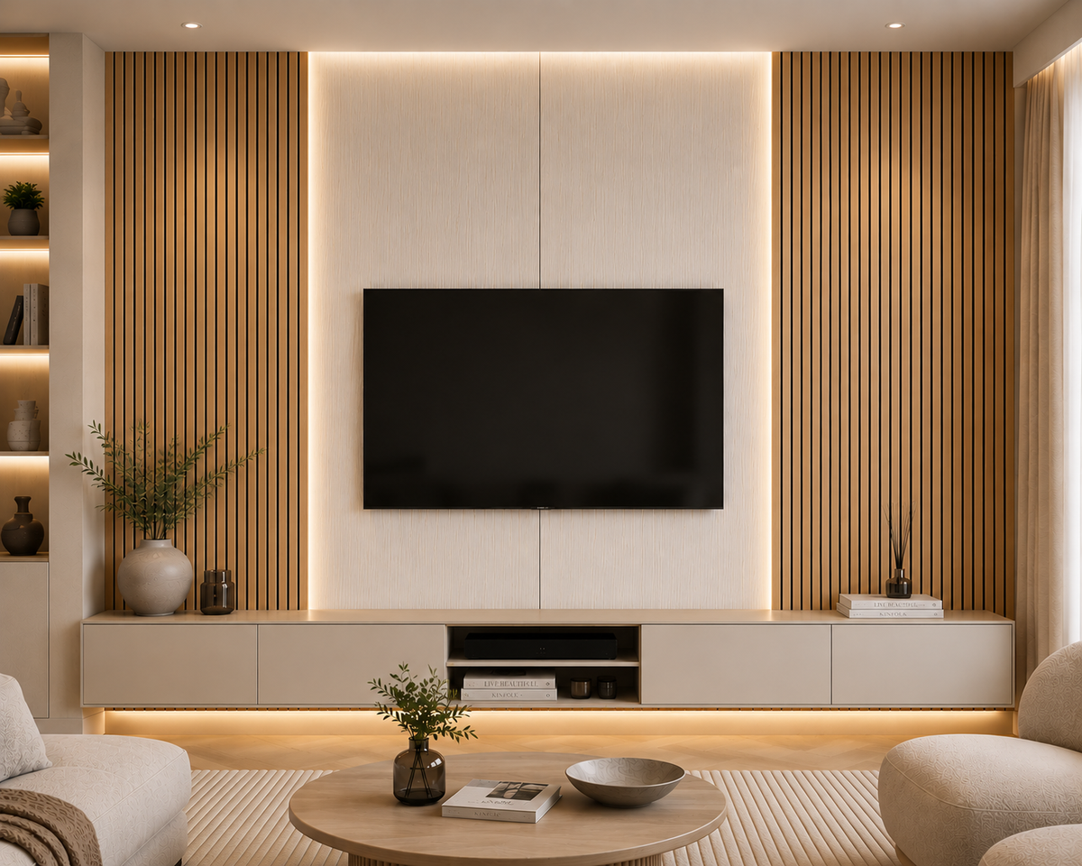 Set A media wall kit — 2 Natural Oak acoustic panels with 2 Champagne PVC panels