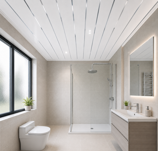 Gloss white chrome strip PVC ceiling panel in a bathroom