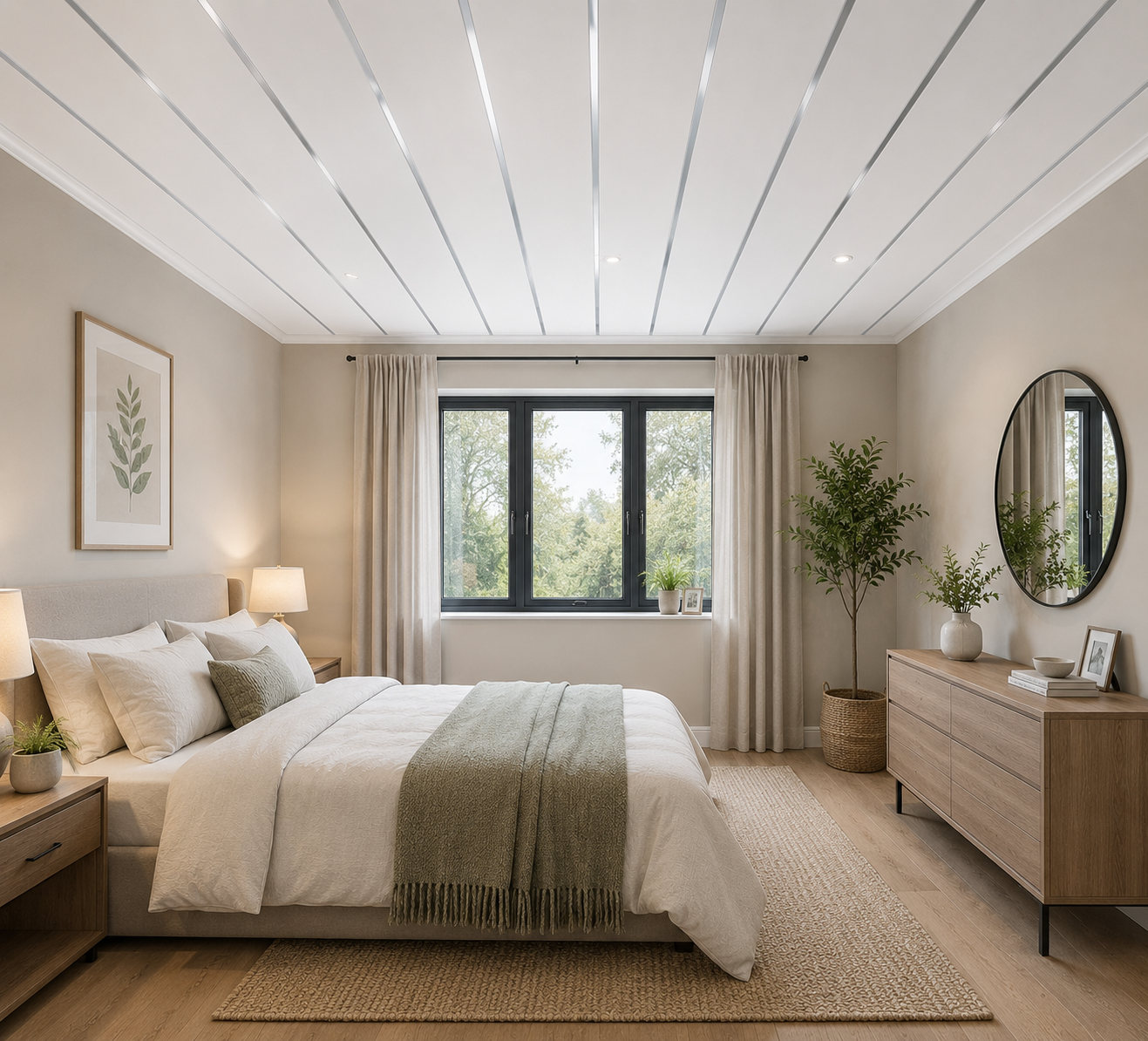 Gloss white chrome strip PVC ceiling panel in a bedroom