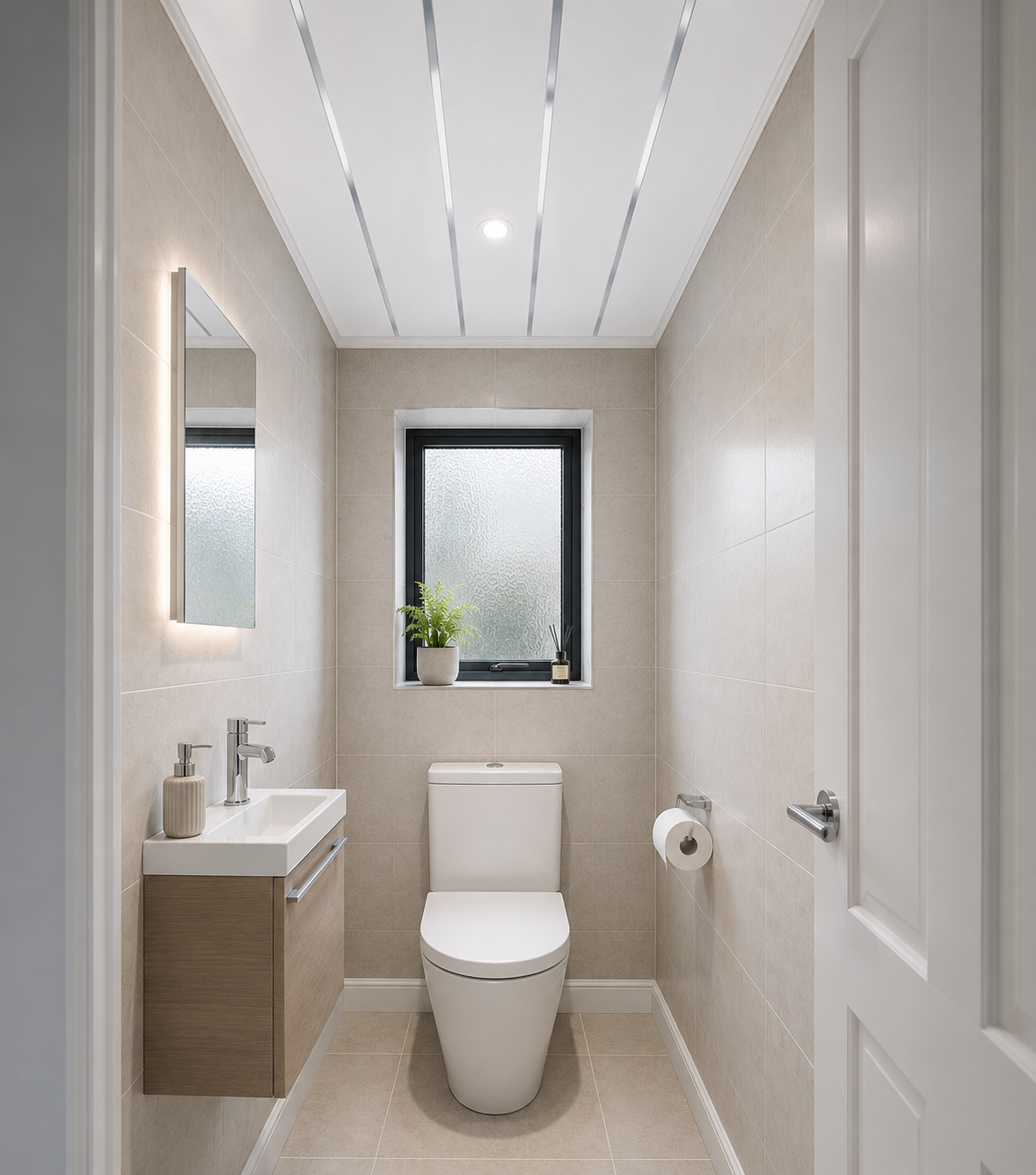 Gloss white chrome strip PVC ceiling panel in a toilet