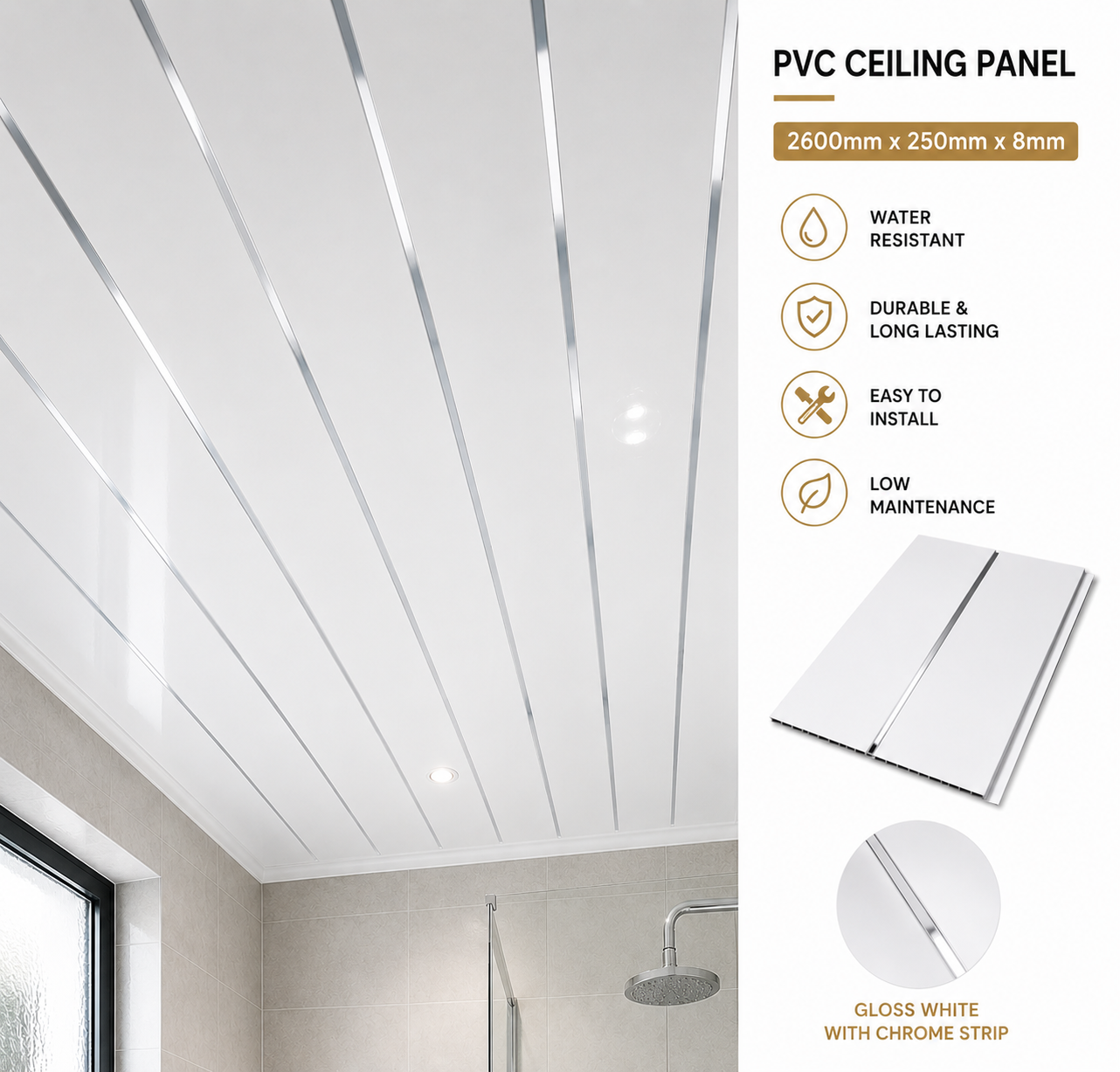 Gloss white PVC ceiling panel with chrome silver strip 8mm - main product image