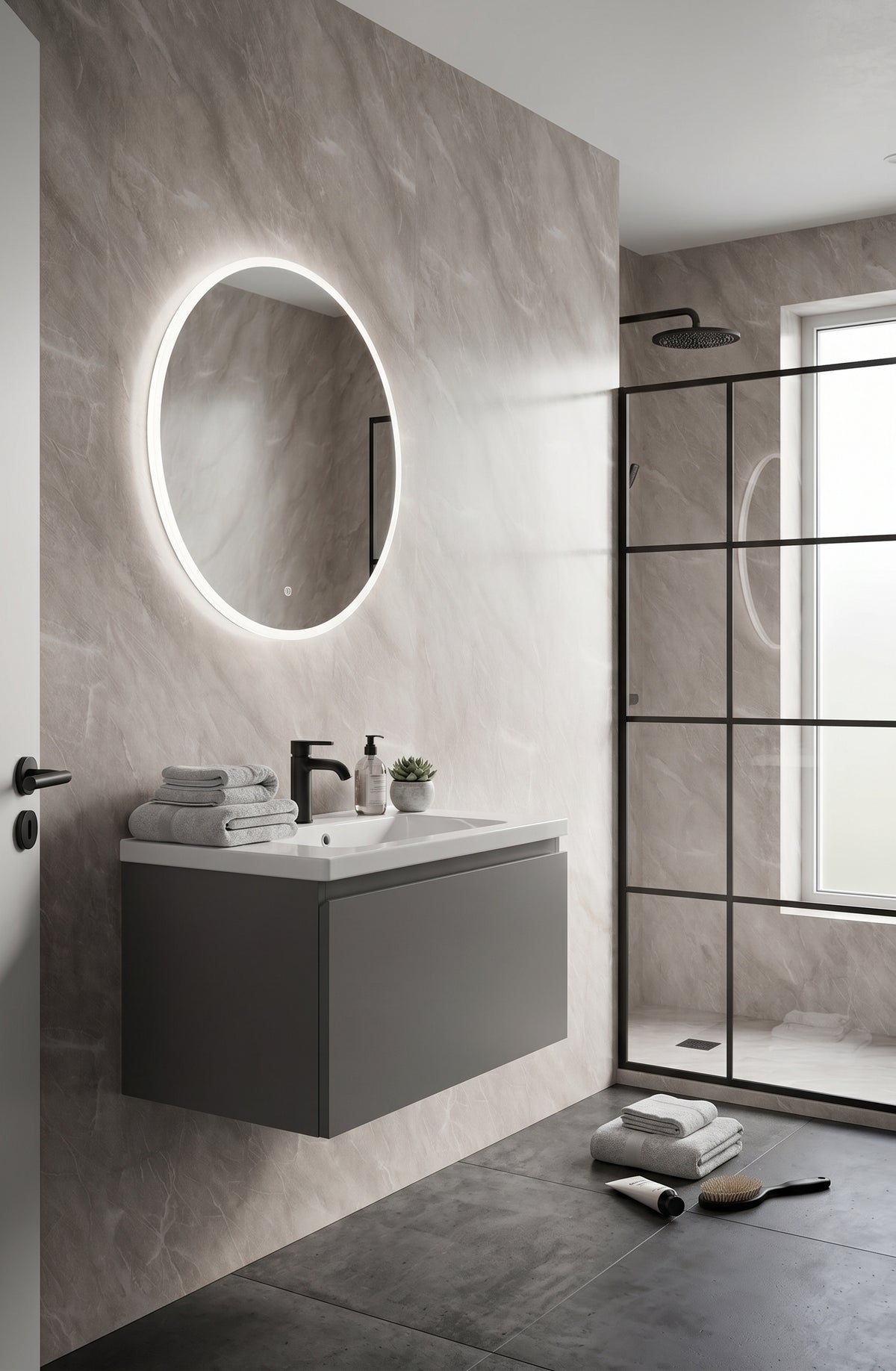 PVC Wall Panel Grey Concrete – Waterproof Shower & Bathroom Wall Cladding 2600×250mm 10 Pack